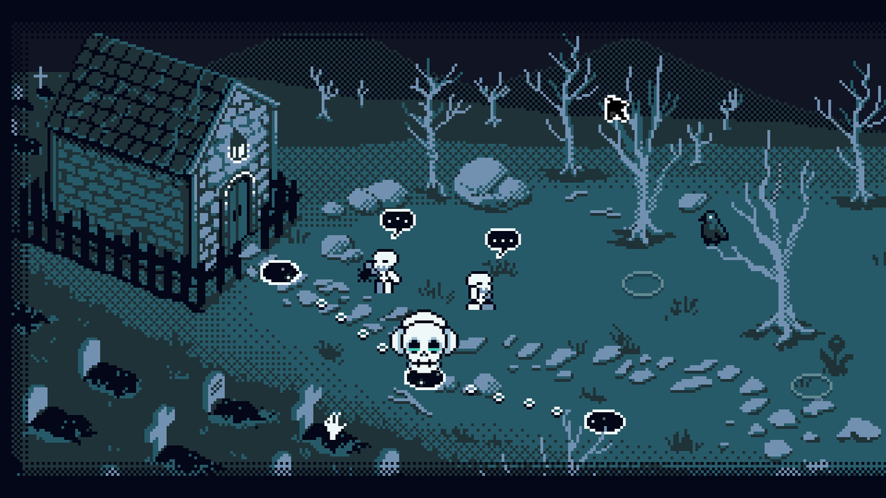 A blue graveyard map showing a pathway, each stepping stone is a game level.